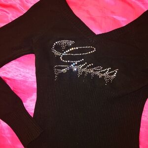 GUESS rhinestone knit black v-neck long sleeve top